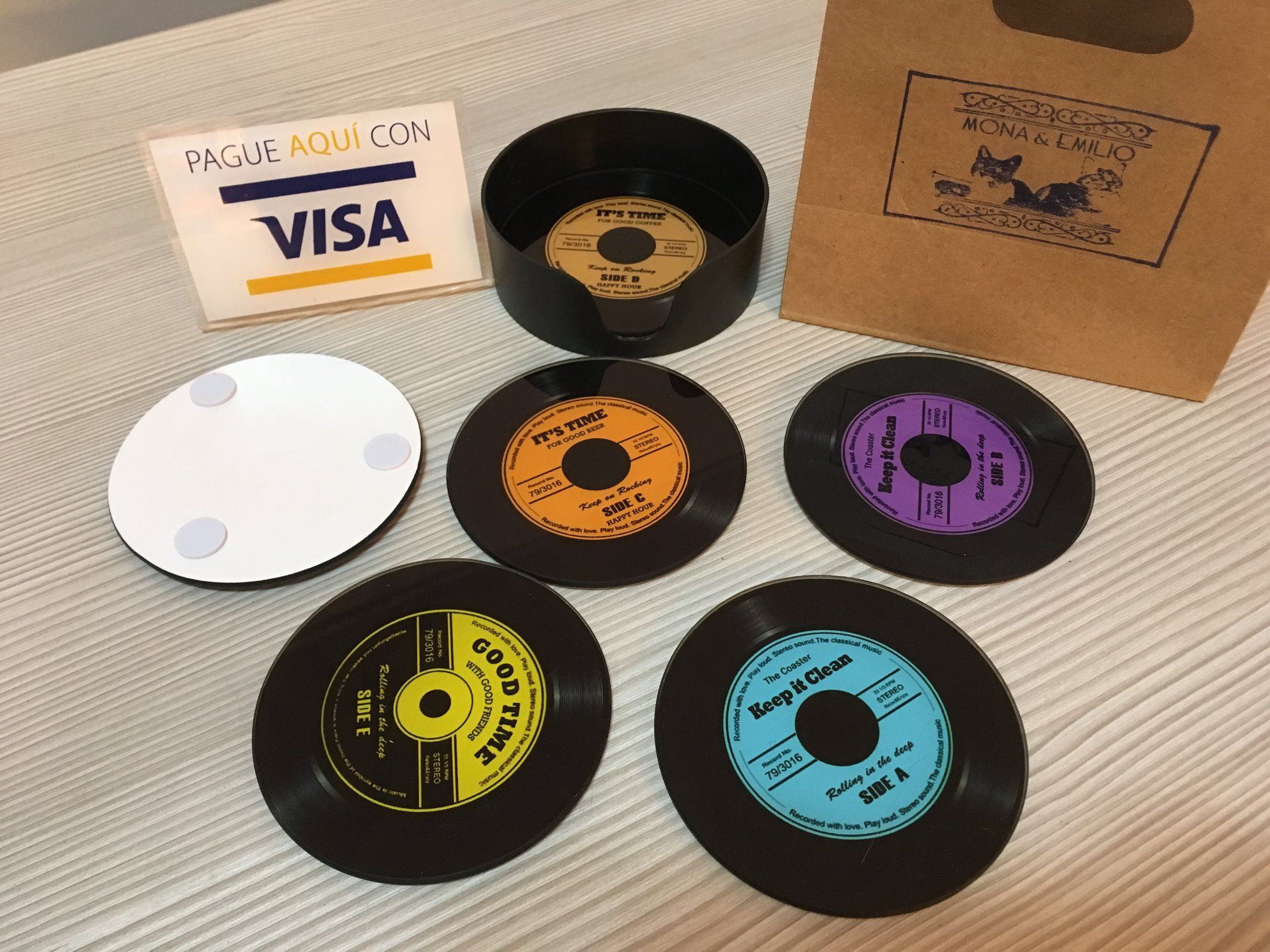 JUEGO DE POSAVASOS VIDRIO DISEÑO DE DISCOS DE VINILO